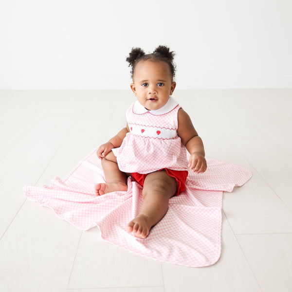 Pink Gingham Strawberry Smocked Bloomer Set | Pineapple Sunshine™