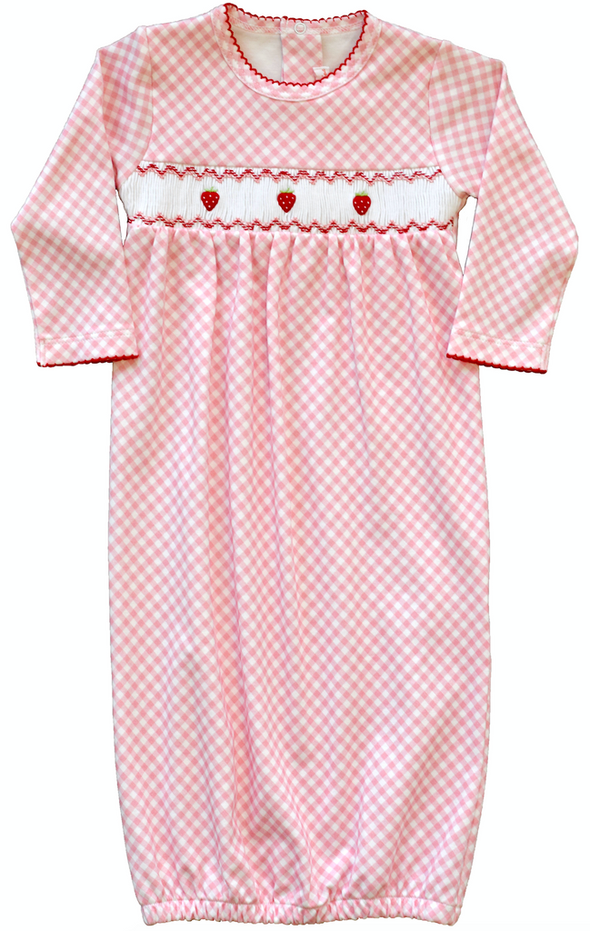 pineapple sunshine pink gingham smocked strawberry newborn gown